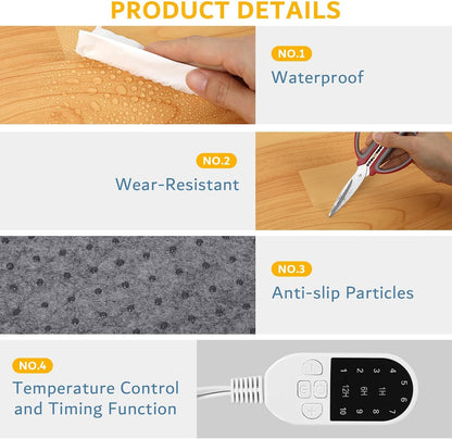 QOUBAI PVC 110V Heated Floor Mat Heater for Foot Warmer Under Desk 22 x 20 Inch Electric Heating Pad Energy Saving Carpet Pad Indoor Floor Heated Rug for Home Office Bathroom House Gray