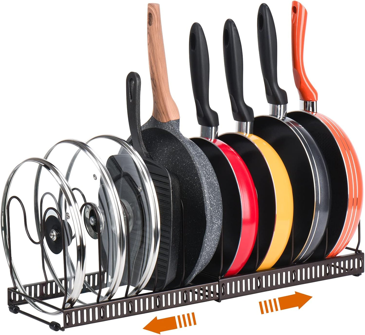 Toplife Pot Lids Organizer Rack for Cabinet and Countertop, 7+ Pan Lids and Bakeware Organizer Rack Holder with 7 Adjustable Compartments - Black