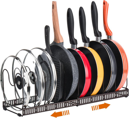 Toplife Pot Lids Organizer Rack for Cabinet and Countertop, 7+ Pan Lids and Bakeware Organizer Rack Holder with 7 Adjustable Compartments - Black