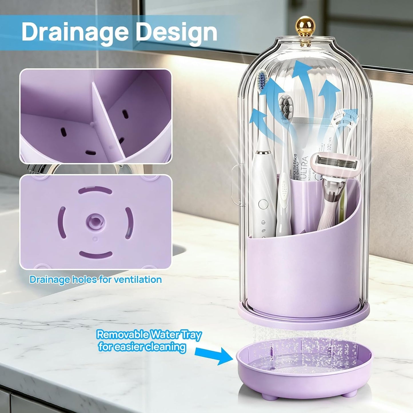Toothbrush Holders with Cover Toothpaste Organizer for Bathroom, White | 360° Rotating, Dustproof Sliding Lid, Drainage Holes, Waterproof, for Kids Electric Toothbrush Makeup Brush Storage