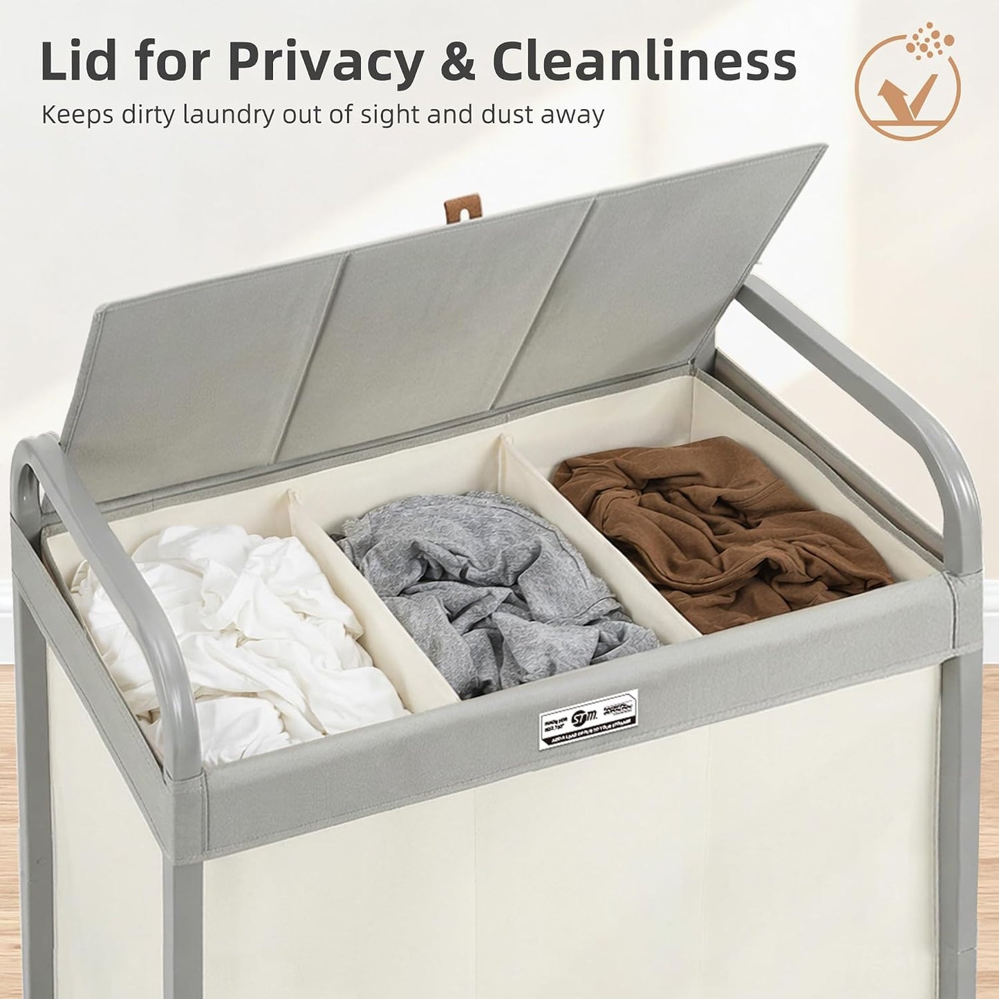 STORAGE MANIAC Laundry Hamper 3 Section with Lid Rolling Laundry Basket | 230L Laundry Sorter Cart 3 Compartment Clothes Hamper on Wheels Metal Handle Oxford Removable Bag Laundry Room Bedroom Beige