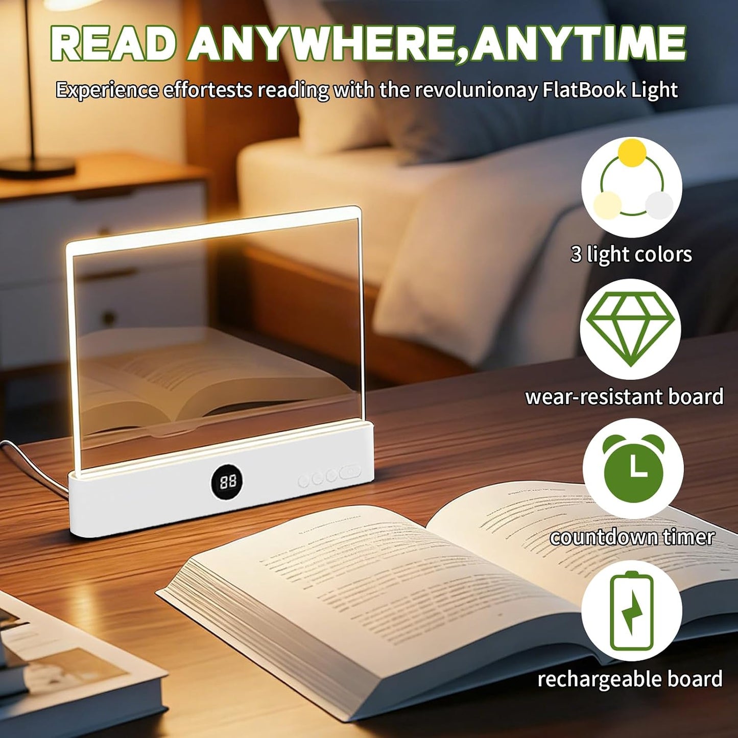 Book Light, Rechargeable Clear LED Flat Book Lights with 3 Colors & Timer | USB Rechargeable Reading Light, Dimmable Panel Plate Lamp Book Full Page Light, Funny Gifts for Readers Kids Women Men(White)