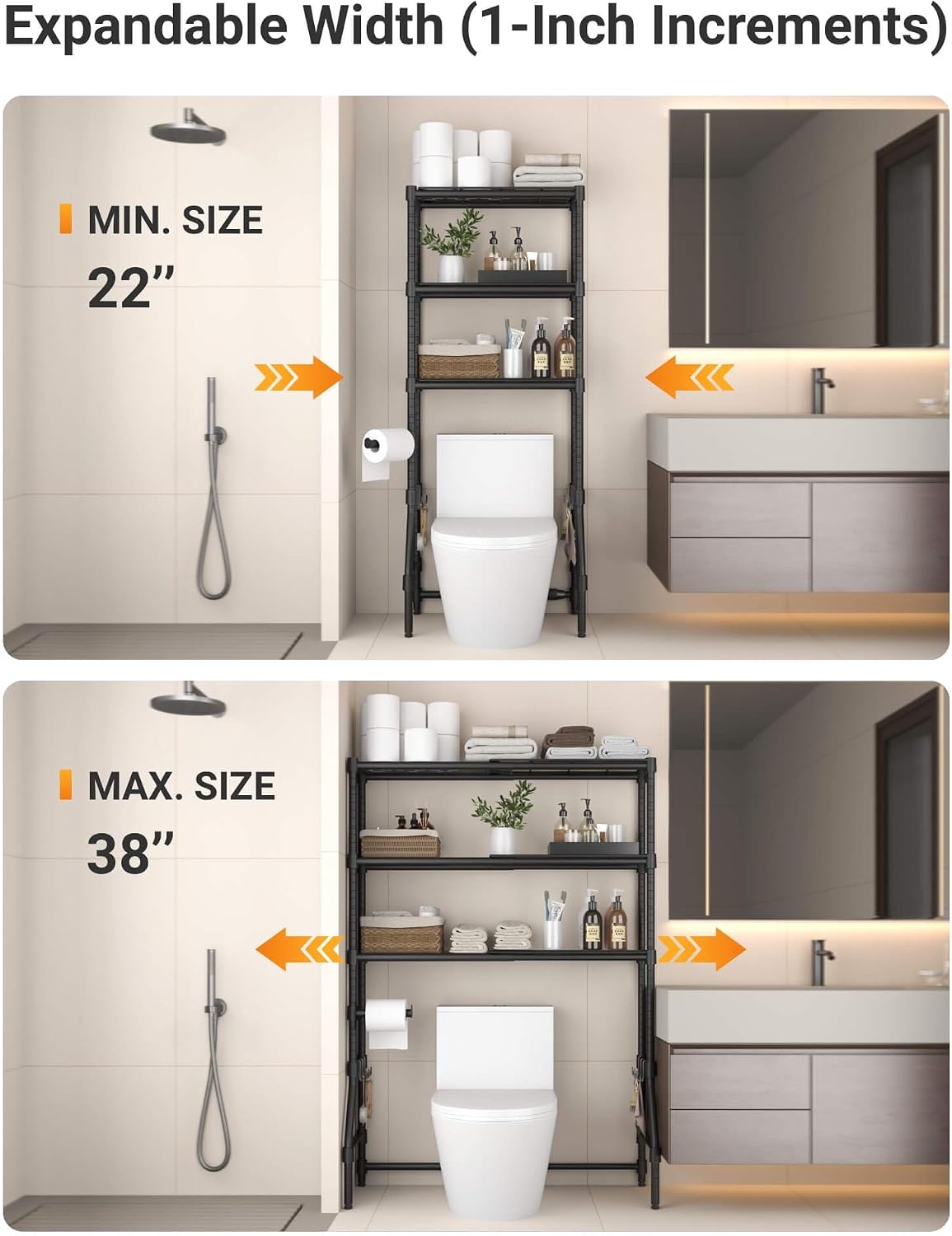 Over The Toilet Storage Rack with Expandable 3-Tier Adjustable Height & Width (22"-38") Bathroom Organizer Shelves Space Saver Above Toilet Over Washer and Dryer Shelf for Laundry Room