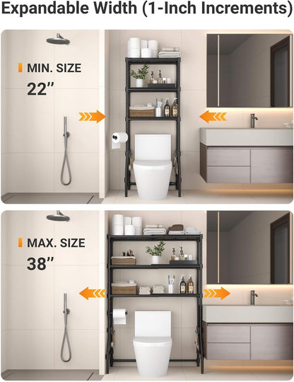Over The Toilet Storage Rack with Expandable 3-Tier Adjustable Height & Width (22"-38") Bathroom Organizer Shelves Space Saver Above Toilet Over Washer and Dryer Shelf for Laundry Room