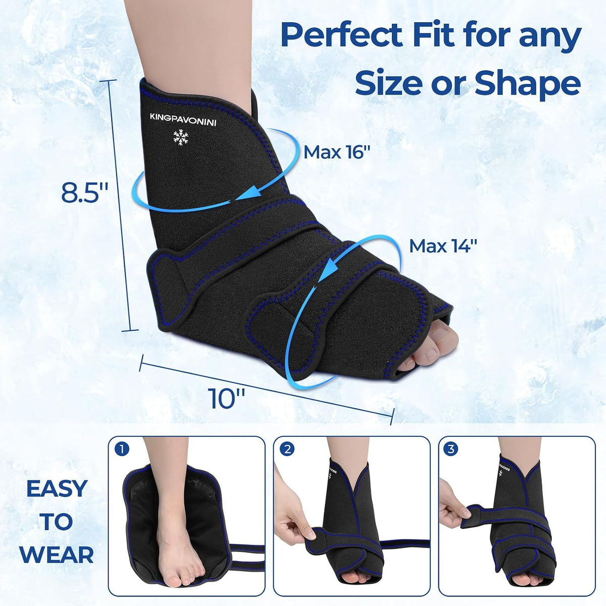 KingPavonini Ankle Foot Ice Pack Wrap, XL, Blue, 1 Wrap + 4 Gel Packs