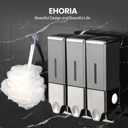 EHORIA Shampoo and Conditioner Dispenser, Shower Soap Dispenser | Shower Dispenser 3 Chamber No Drill, Wall Mounted Refillable Bottles, Shower Accessories for Bathroom, RV&Hotel,18.6oz 3 in 1