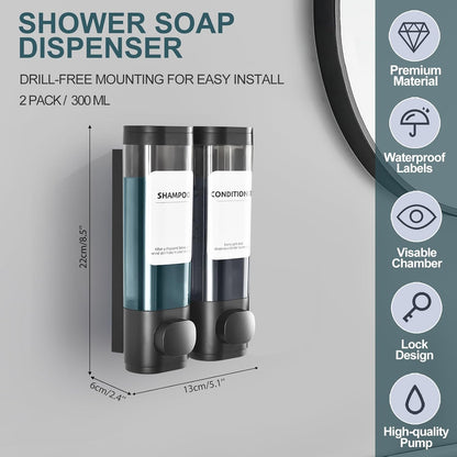 Shampoo Conditioner Shower Soap Dispenser 3 Chamber Wall Mount Black | Refillable. Leakproof 900ml. No-Drill Wall Mount. Soap, Shampoo, Conditioner, Body Wash, Shower Gel, Bathroom Set. BPA-Free.