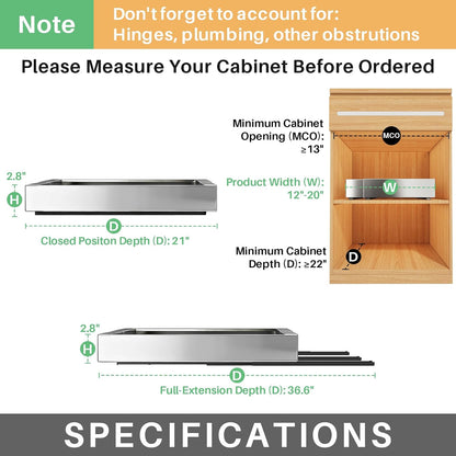 Kitstorack Pull out Cabinet Organizer, Expandable(12"-20") Heavy Duty Slide out Drawers Fixed with Adhesive Nano Film for Pots, Roll out Shelf Storage for Kitchen Base Cabinet Organization(White)
