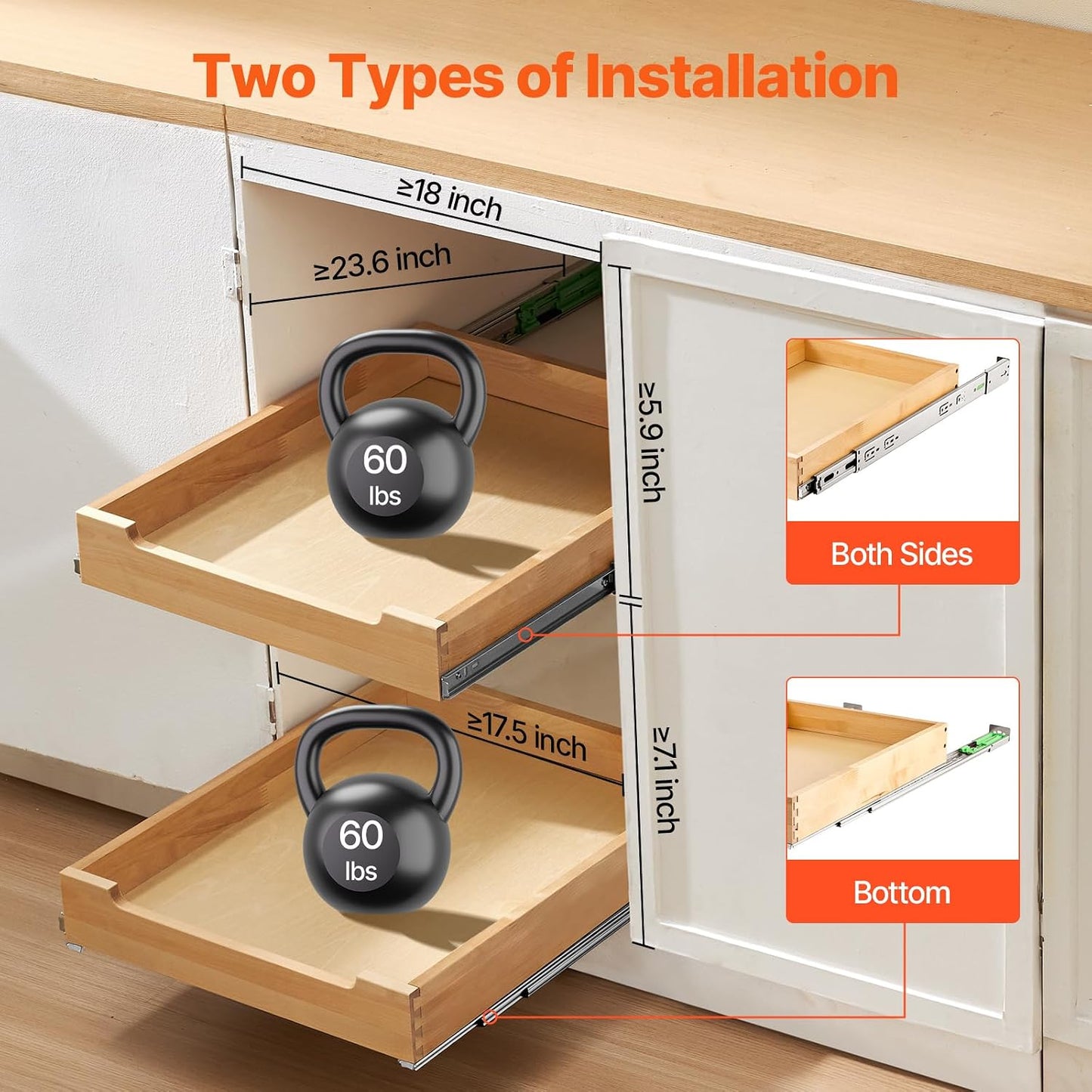 VEVOR Pull Out Cabinet Organizer, 14"W x 21"D Cabinet Drawer, Soft Close Slide out Shelf, Heavy-Duty Sliding Wood Drawer, Bottom Mount Size（14.5"W x 23"D）and Side Mount Size（15"W x 23"D） | Heavy-Duty Sliding Shelf with Bottom or Side Mounting for
