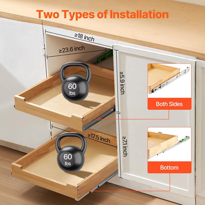 VEVOR Pull Out Cabinet Organizer, 14"W x 21"D Cabinet Drawer, Soft Close Slide out Shelf, Heavy-Duty Sliding Wood Drawer, Bottom Mount Size（14.5"W x 23"D）and Side Mount Size（15"W x 23"D） | Heavy-Duty Sliding Shelf with Bottom or Side Mounting for