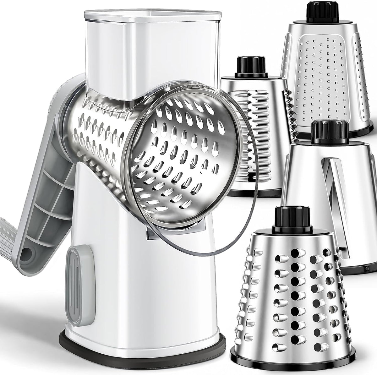 Weltonhm 4 in 1 Large Cheese Grater Hand Crank (White Grey 4 Graters)