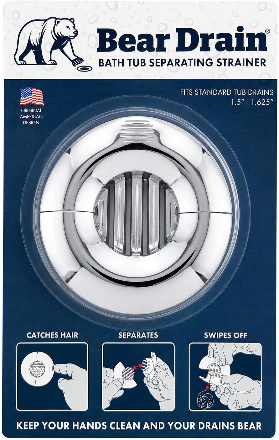 Bathtub Separating Hair Catcher for Drain – Patented No-Touch Two-Piece Hair Strainer, Prevents Clogs, Easy Clean Hair Removal, Fits Standard Tub Drains, Lightweight Design Chrome-Finish