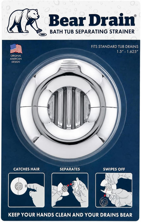 Bathtub Separating Hair Catcher for Drain – Patented No-Touch Two-Piece Hair Strainer, Prevents Clogs, Easy Clean Hair Removal, Fits Standard Tub Drains, Lightweight Design Chrome-Finish