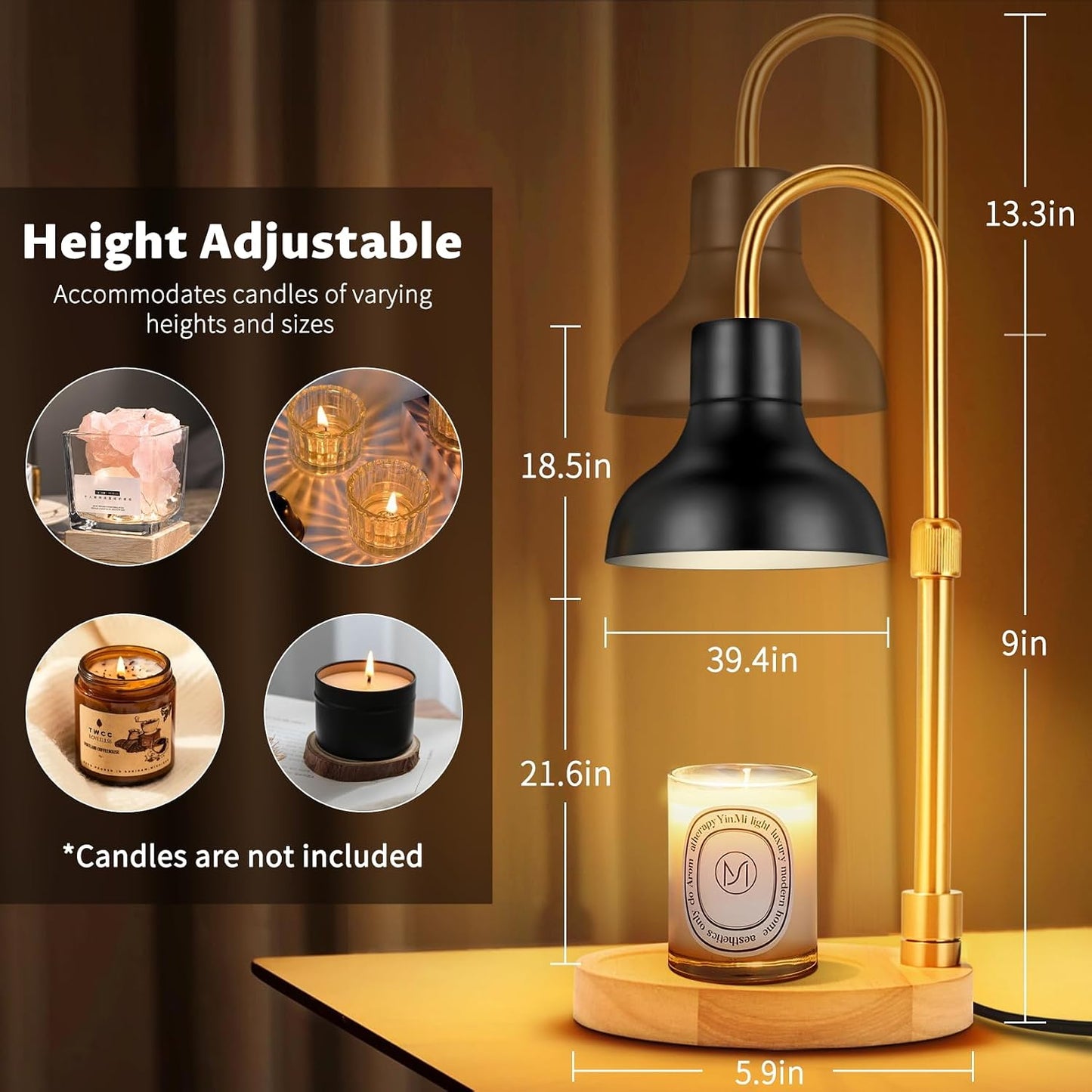 Candle Warmer Lamp Dimmable with Timer and 3 Bulbs, Adjustable Height & Brightness, Electric Candle Wax Warmer for Jar Candles, House Warming Gifts New Home Decor (Black)