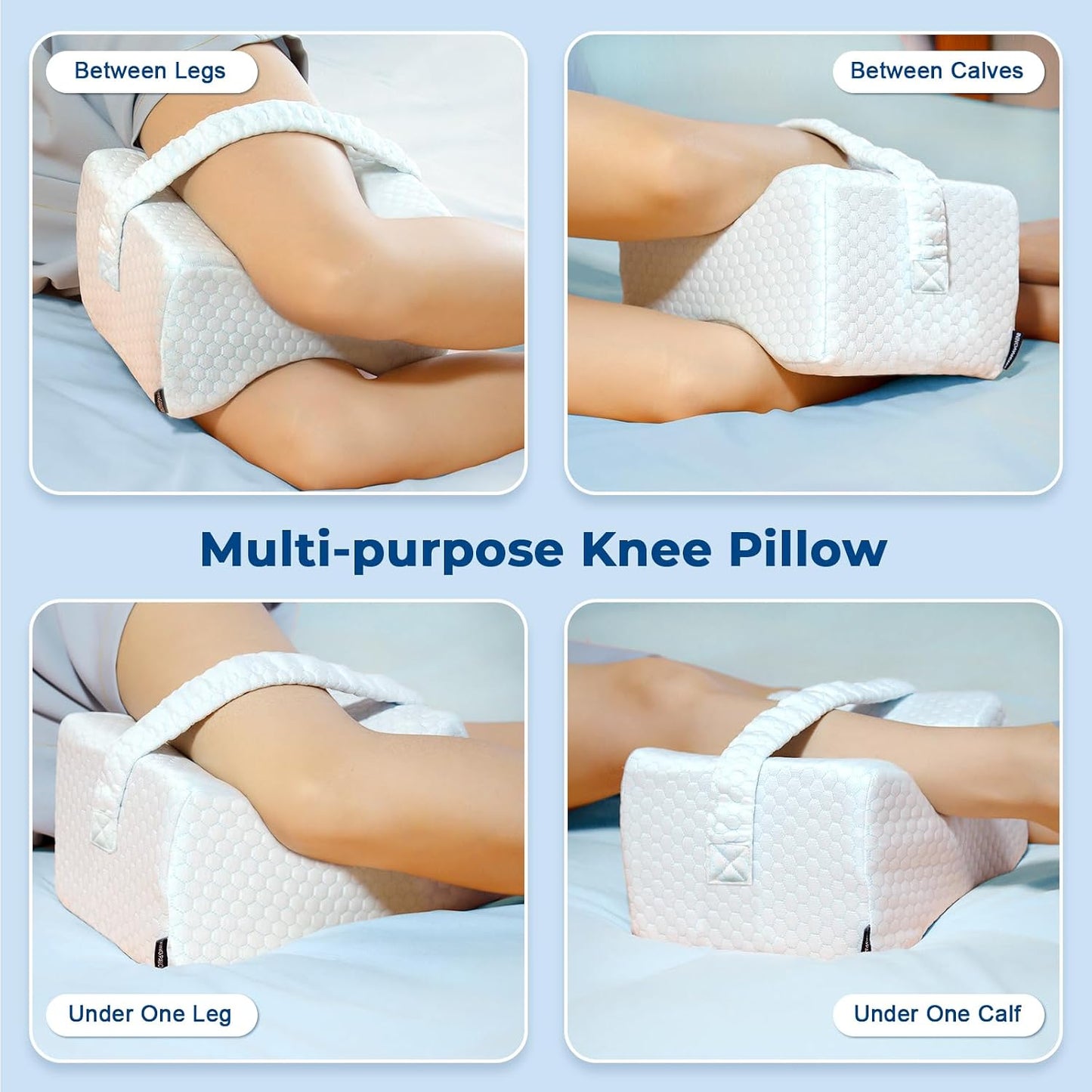 KingPavonini Leg Pillow for Side Sleeping, White & Green | Cooling Gel Memory Foam Knee Pillow for Side Sleepers, Ice Silk Cover & Adjustable Strap, Relieves Hip, Sciatica & Back Pain