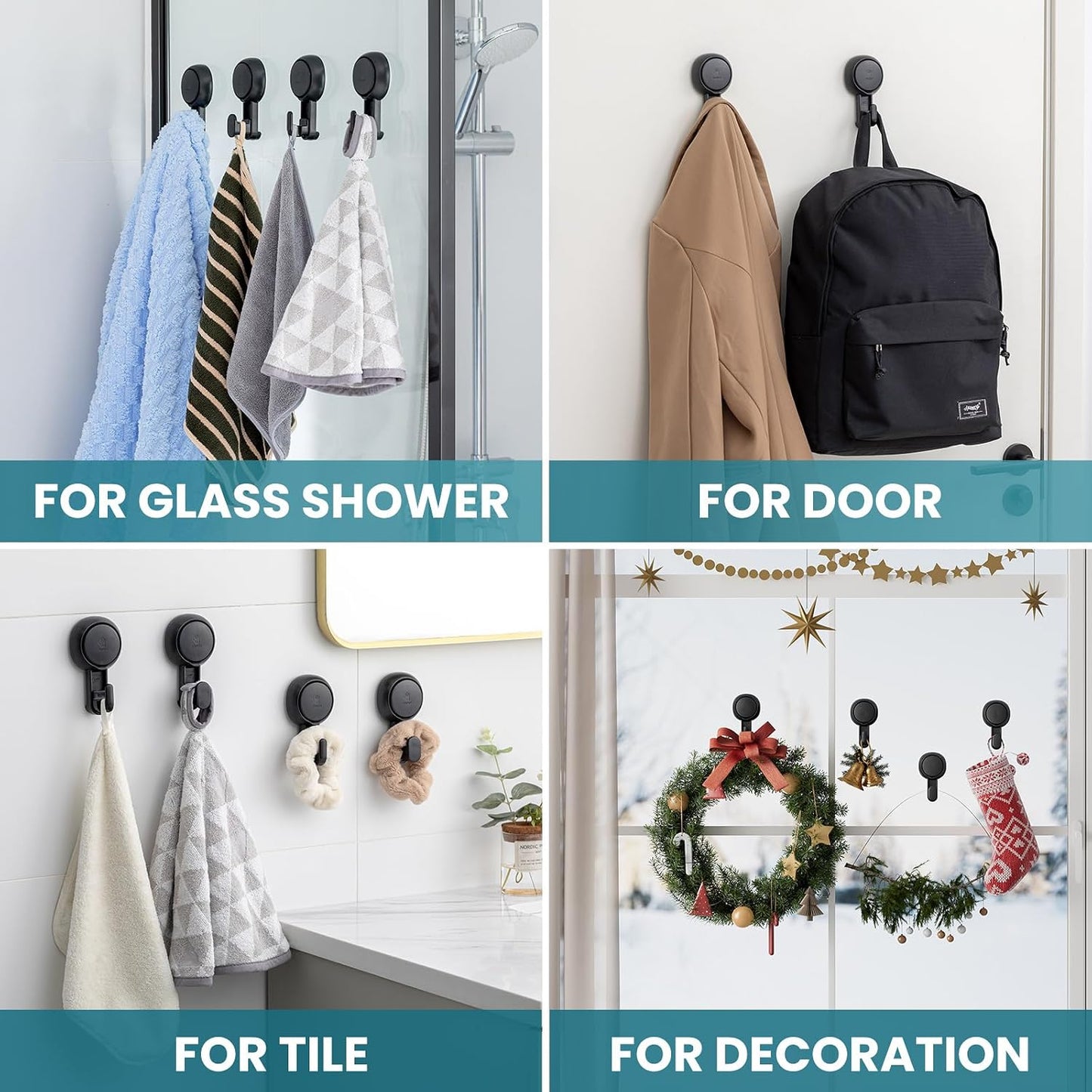 TAILI No Drill Powerful Suction Cup Razor Holder for Shower 2 Pack, Black | Waterproof, Towel, Loofah, Shaver Holder for Shower Wall, Powerful Suction Cup Hooks for Bathroom, Easy to Install and Reuse