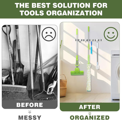 UNIFUN Broom Holder Wall Mount, 5 Racks 4 Hooks, Stainless Steel Organizer | Heavy-duty construction, Space-Saving Wall Mount, Easy To Install, Perfect for kitchen, garage, garden, laundry closet