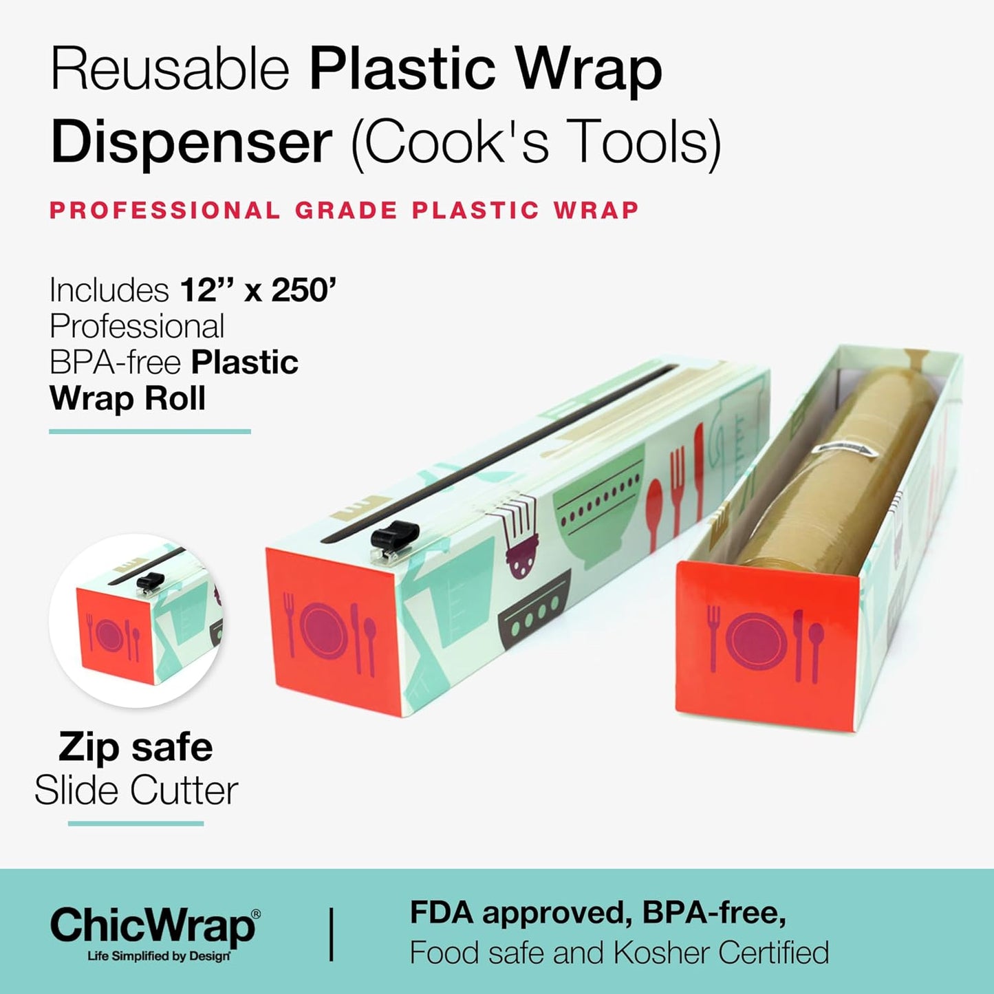 Chicwrap Veggies Refillable Plastic Wrap Dispenser - Includes One 12" x 250' Roll of Professional Grade Plastic Wrap - BPA Free and Kosher Certified - Reusable Dispenser w/Slide Cutter | Reusable Plastic Wrap Dispenser with Four Non-Slip Rubber Feet and