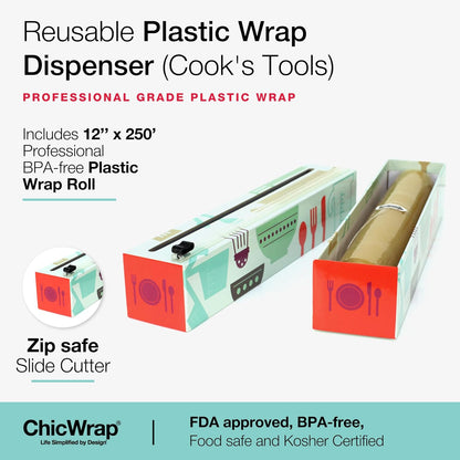 Chicwrap Veggies Refillable Plastic Wrap Dispenser - Includes One 12" x 250' Roll of Professional Grade Plastic Wrap - BPA Free and Kosher Certified - Reusable Dispenser w/Slide Cutter | Reusable Plastic Wrap Dispenser with Four Non-Slip Rubber Feet and