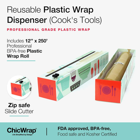 Chicwrap Veggies Refillable Plastic Wrap Dispenser - Includes One 12" x 250' Roll of Professional Grade Plastic Wrap - BPA Free and Kosher Certified - Reusable Dispenser w/Slide Cutter | Reusable Plastic Wrap Dispenser with Four Non-Slip Rubber Feet and