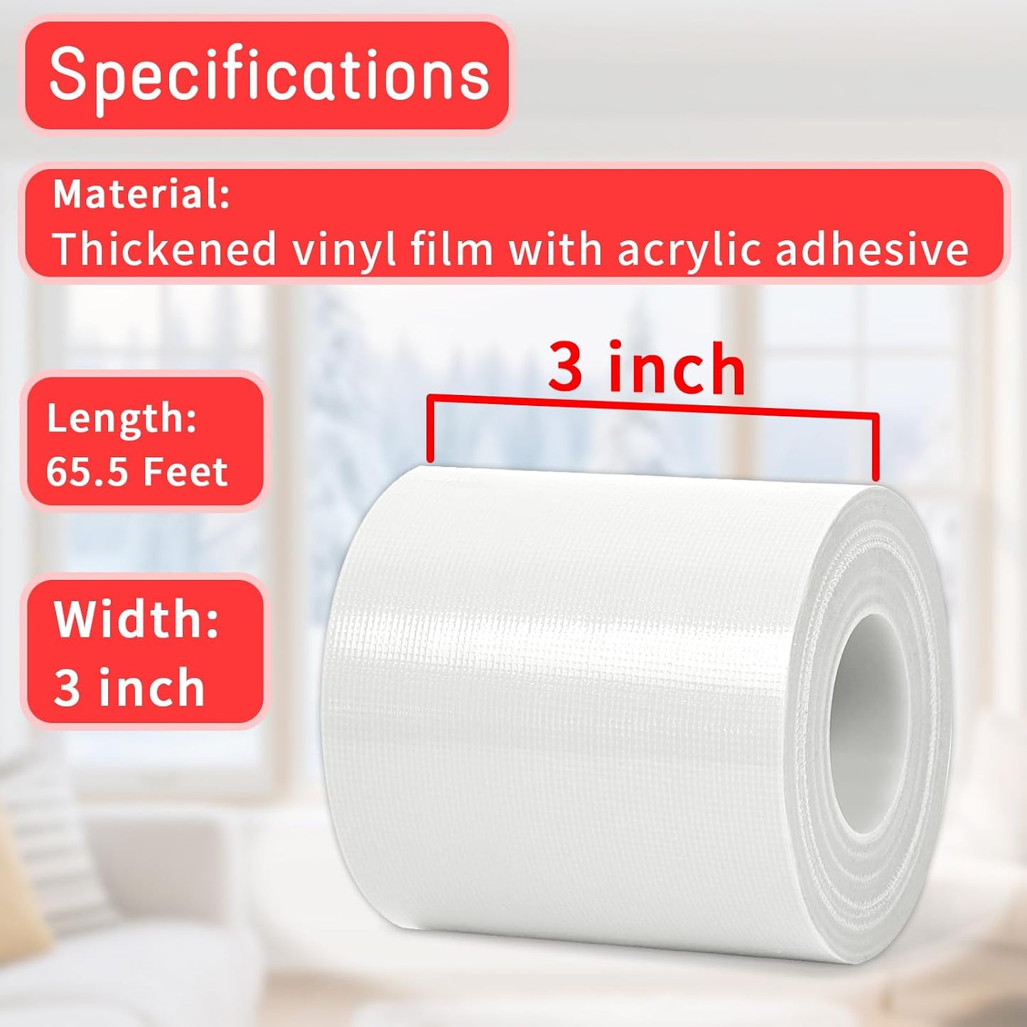 Window Sealing Tape, Window AC Insulation Tape, White 3 Inch x 65 FT | Waterproof Blocker for Cold Heat Air, Windproof, No Residue Strong adheisve