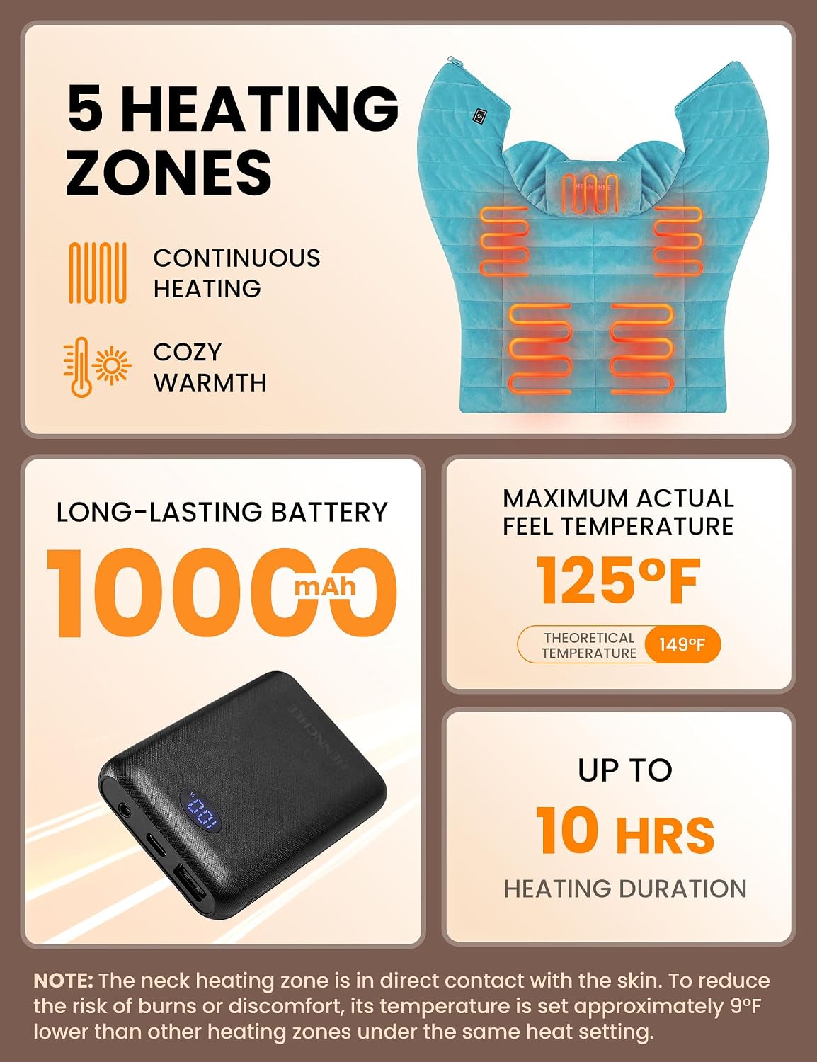 HENNCHEE Heating Pad for Neck and Shoulders Pain Relief, 10000mAh Battery Wireless Neck Warmer Back Heated Pad