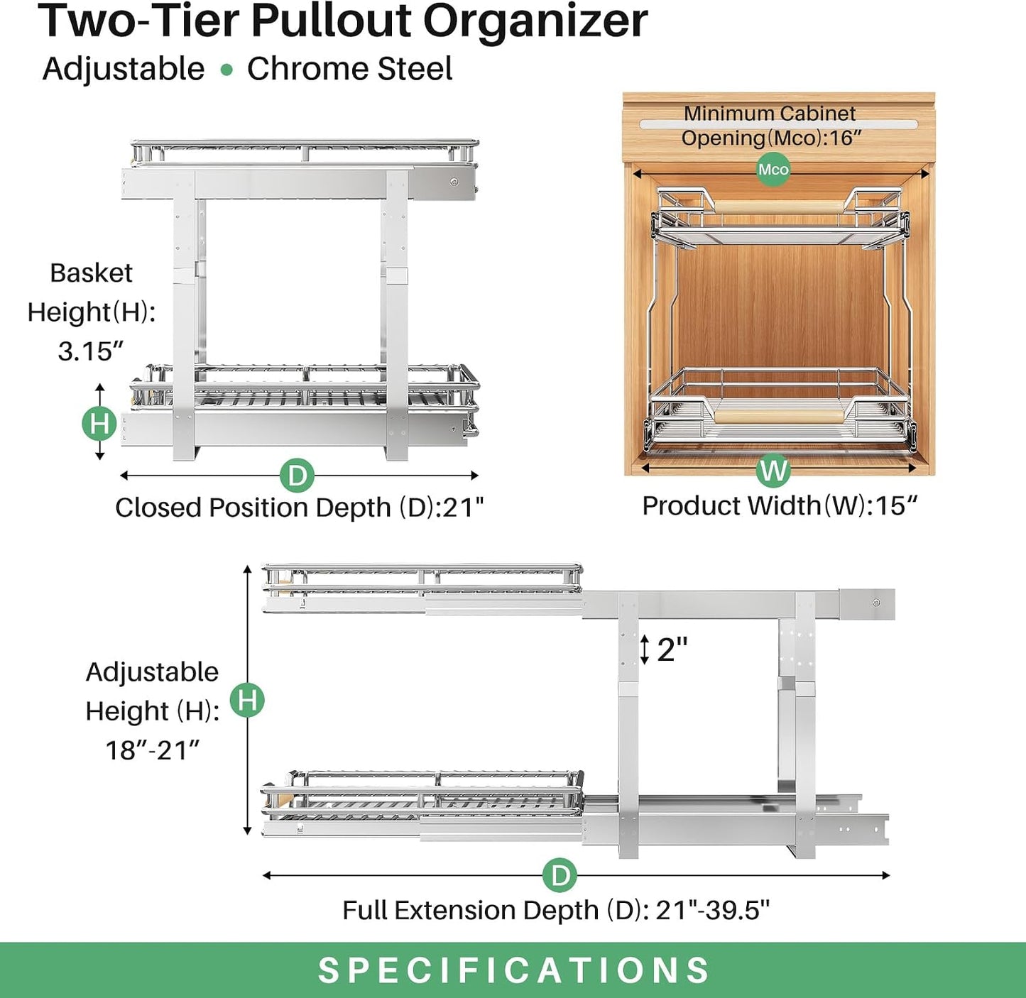 Pull out Cabinet Organizer, 15"W X 21"D, Heavy Duty Smooth Sliding Under Cabinet Shelves for Pots and Pans, Full-Extension Roll out Drawers, Slide out Organization for Home Kitchen Pantry
