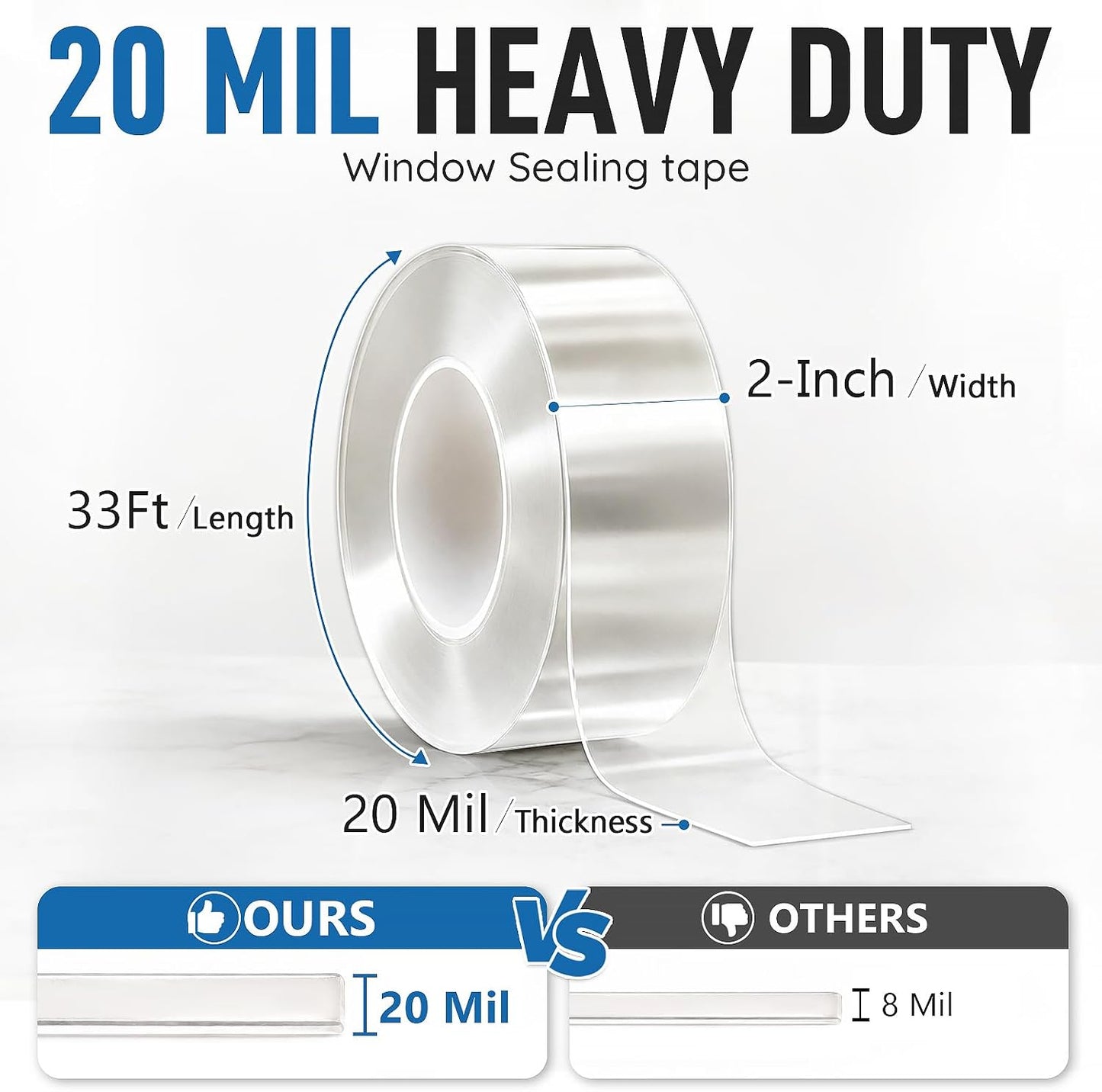 Litaibai Transparent Window Weather Sealing Tape, 2 in x 33 ft, 20 Mil | 20 mil clear PET film, removable adhesive, helps reduce drafts and energy loss, for windows, doors, and window AC units