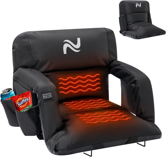 Wide Heated Stadium Seat for Bleachers w/Back Support & Cushion | 5-Position Adjustable Heated Stadium Seat with Armrests, 3 Heat Levels, Anti-Slip, Side Pockets, Backpack Straps (No Battery)