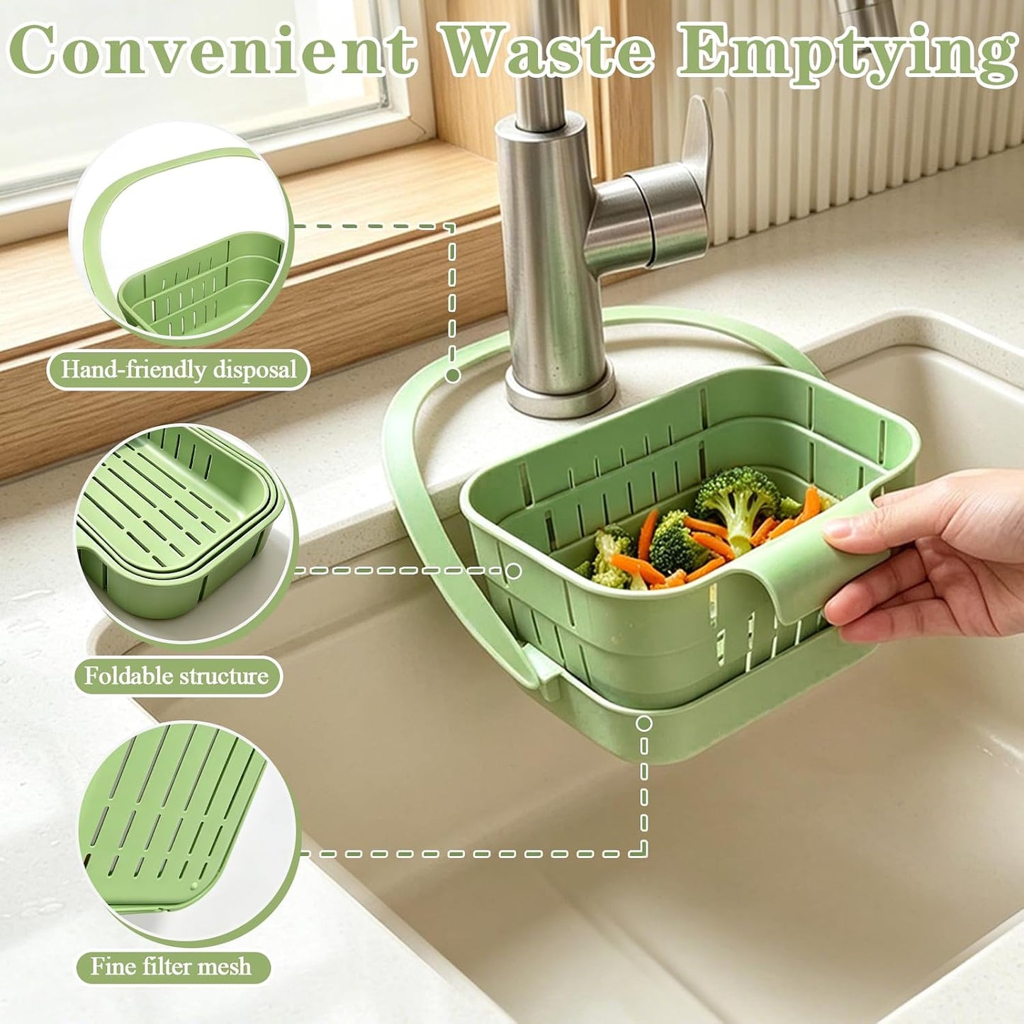 Foldable Hanging Sink Drain Basket, Hanging Sink Basket (Green) | No-Drill Foldable Design Saves Sink Space with Fast Drainage for Food Scraps, Sponge Storage, Fruit Rinsing and Kitchen Use