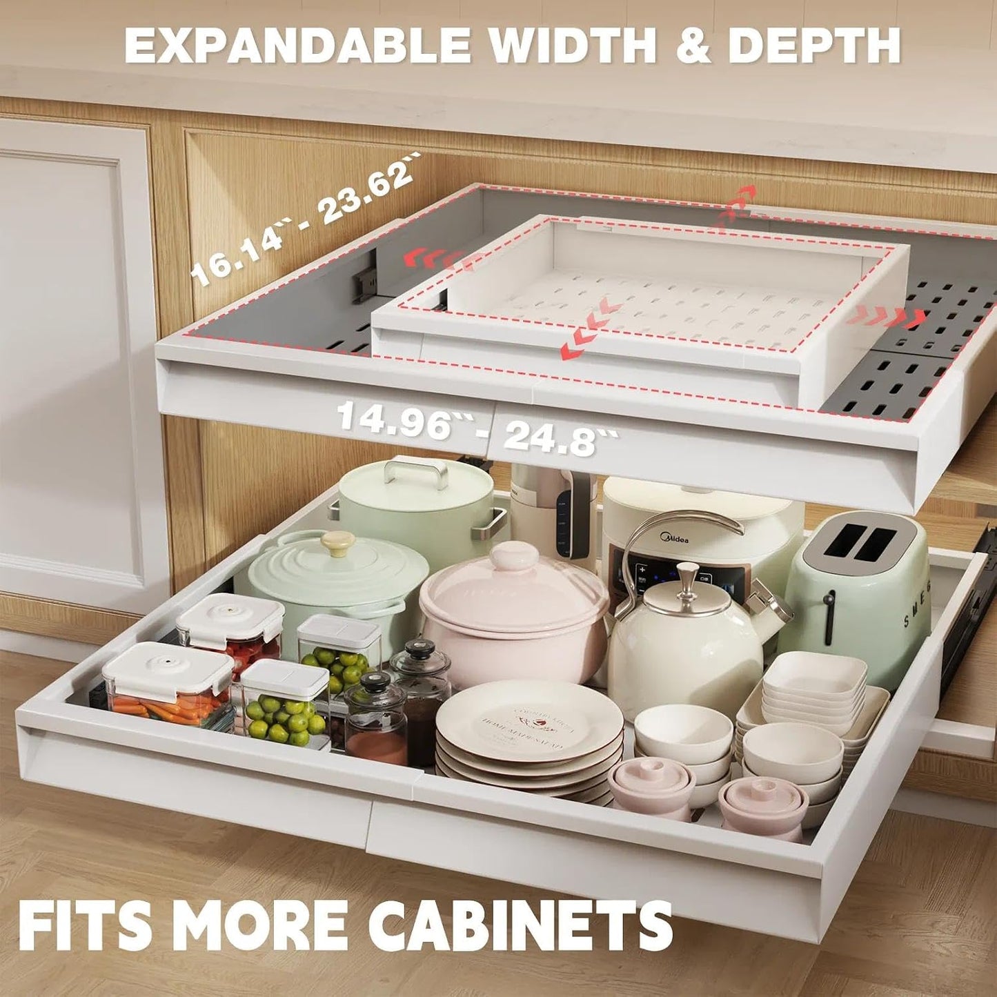 Seinloes Pull Out Cabinet Organizer, 4-Side Expandable to Fit Most Cabinets, 3 Rail Slide Out Drawers with Raising Pad for Framed & Frameless Cabinets, 13"-21" W x 17"-24" D, White, 2 Pack