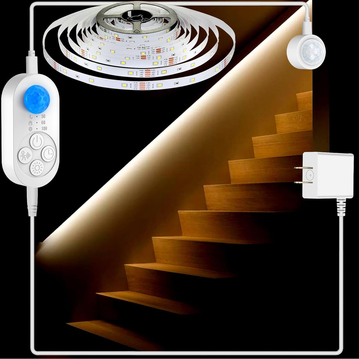 Dual Sensor Stair Lights Indoor, Motion Activated Plug-in Step Light Strip Indoor with Dimmer, Delay Timer for Stairway (Warm White 3000K (16.4FT Light Strip), Power Adapter (16.4FT Cable))