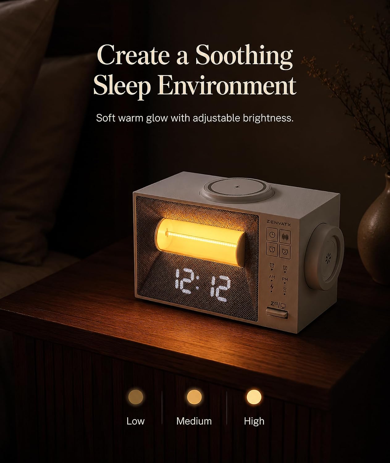 Sound Machine Alarm Clock with Wireless Charger for Bedroom, Hotel | Dual Alarm Clock with Snooze, White Noise Machine for Sleep with 20 Soothing Sound, Gentle Sunrise Wake Up Light, Night Light