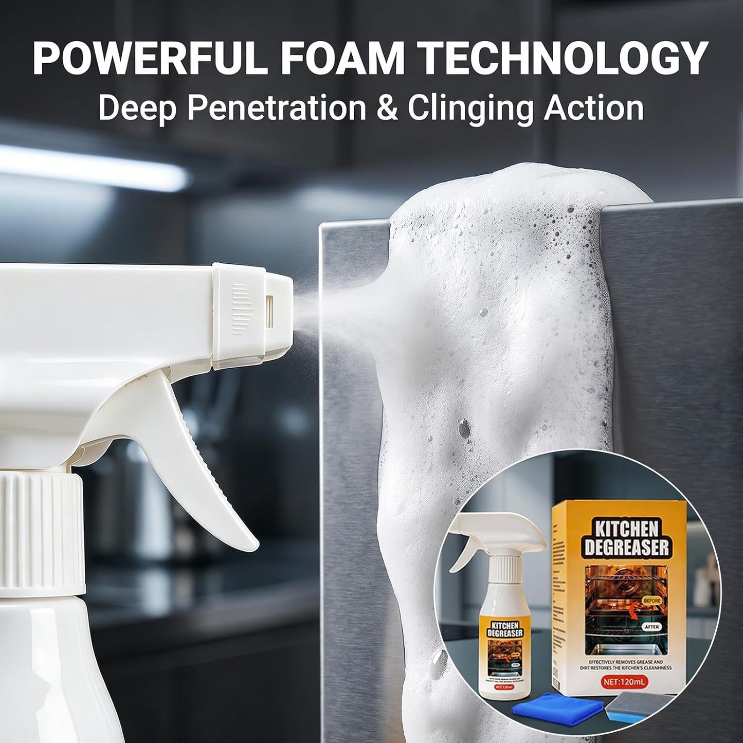 Kitchen Degreaser Spray 120ml, All Purpose Heavy Duty Grease Remover Cleaner for Oven, Stovetop, Microwave & Range Hood, Foam Cleaner for Kitchen Surfaces.(1pc)