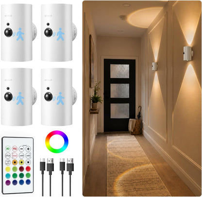 EZVALO Motion Sensor Wall Sconces with Remote, Rechargeable Battery Operated 4000mAh Wall Lights, 3 Color Temperatures & 12 RGB, Wireless LED Lighting for Hallway, Living Room (Brushed Gold, 2 Pack)