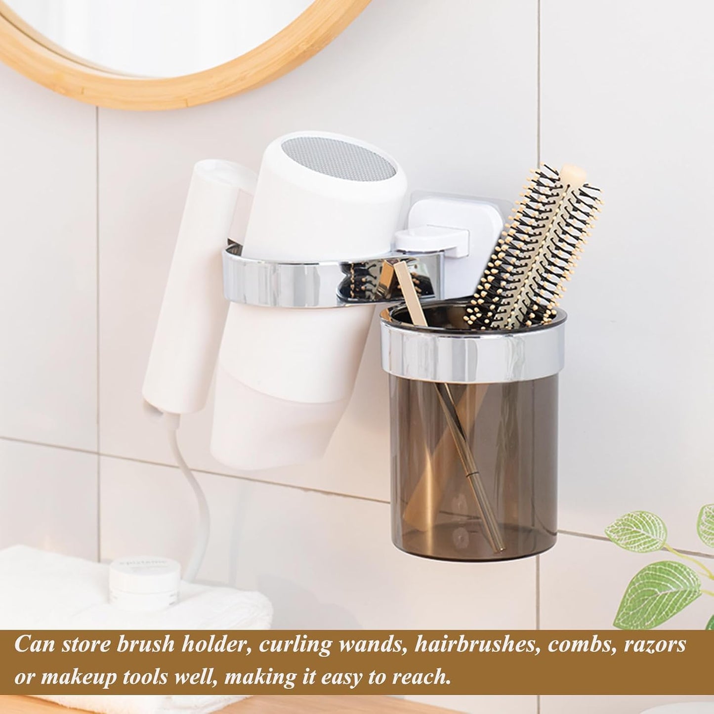 Hair Dryer Holder For Wall Mount , Bathroom Cabinet Door Blow Dryer Stand | Blow Dryer Holders - Extra Large Rim Compatible with Most Hair Dryers, Mount Chrome Finished (Silvery)