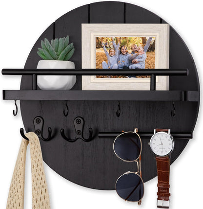 Nekon Key Holder Wall Mount, 11.8” Wood Mail Organizer for Wall, Brown | Round Wall Shelf with 6 Key Hooks, Rustic Key and Mail Holder, Key Hanger for Entryway Hallway Kitchen
