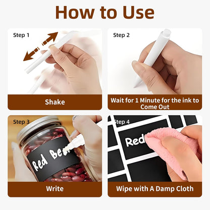 330Pcs Waterproof Labels Stickers for Jars | Reusable Chalkboard Labels, For Food Containers, Bottles, Blackboard Stickers, 1 Erasable Chalk Marker, Black