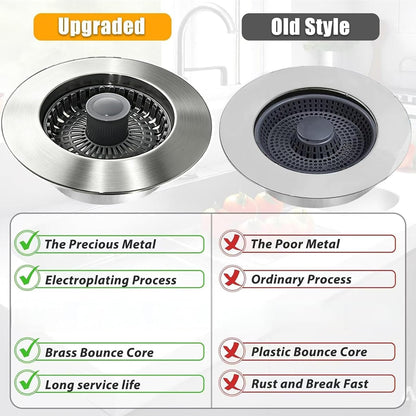 Anlige Kitchen Sink Drain Strainer, 3 in 1 Pop Up Kitchen Sink Stopper, with An Extra Basket Strainer, Universal for US Standard 3-1/2 Inch, Chrome Silver
