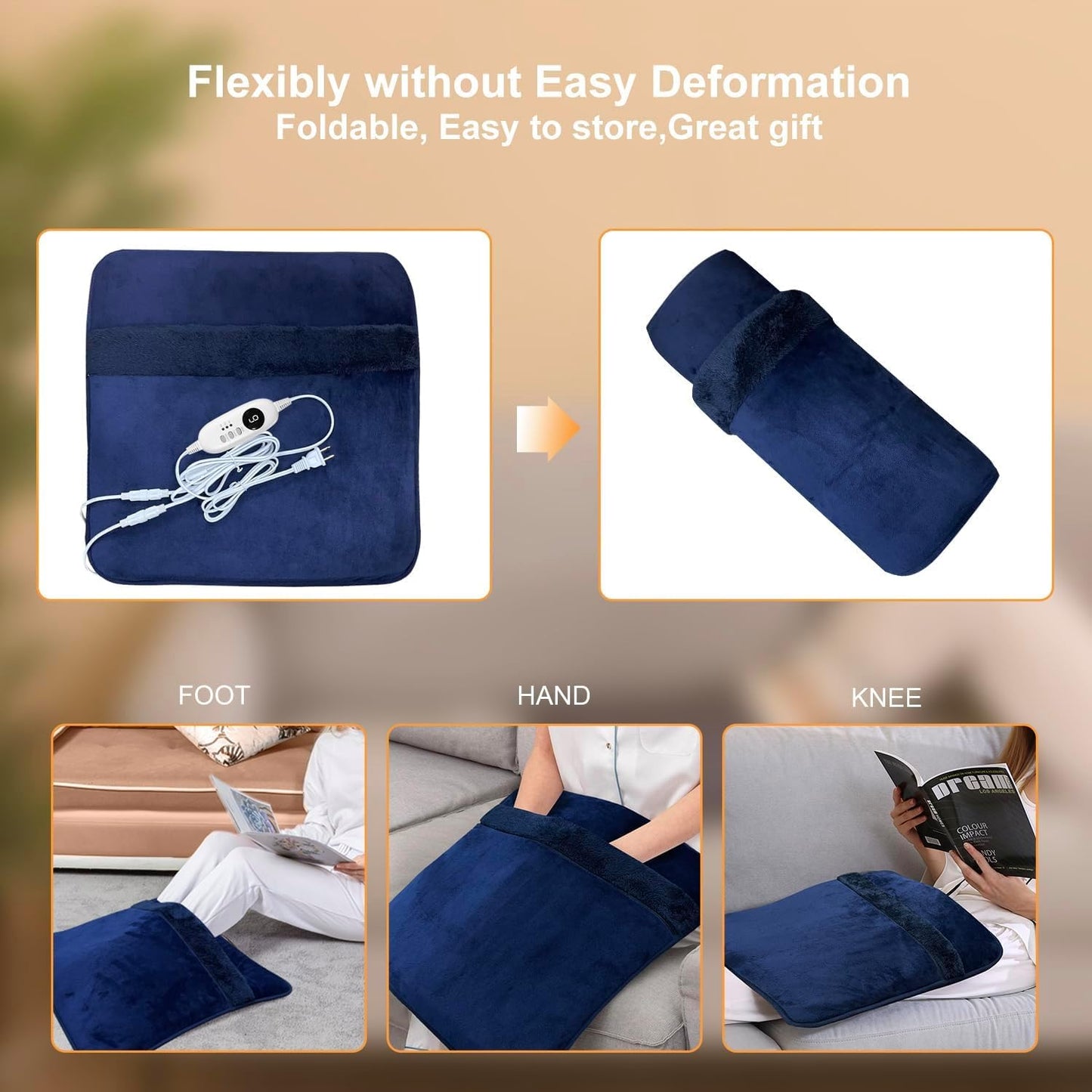 Double Sided Electric Foot Warmer for Men and Women with LCD Display & Non-Slip,Fast Heating Pad with Overheat Protection&Machine Washable, 10 ft Cord Foot Warmer Under Desk,Bed, Office,Home,Blue