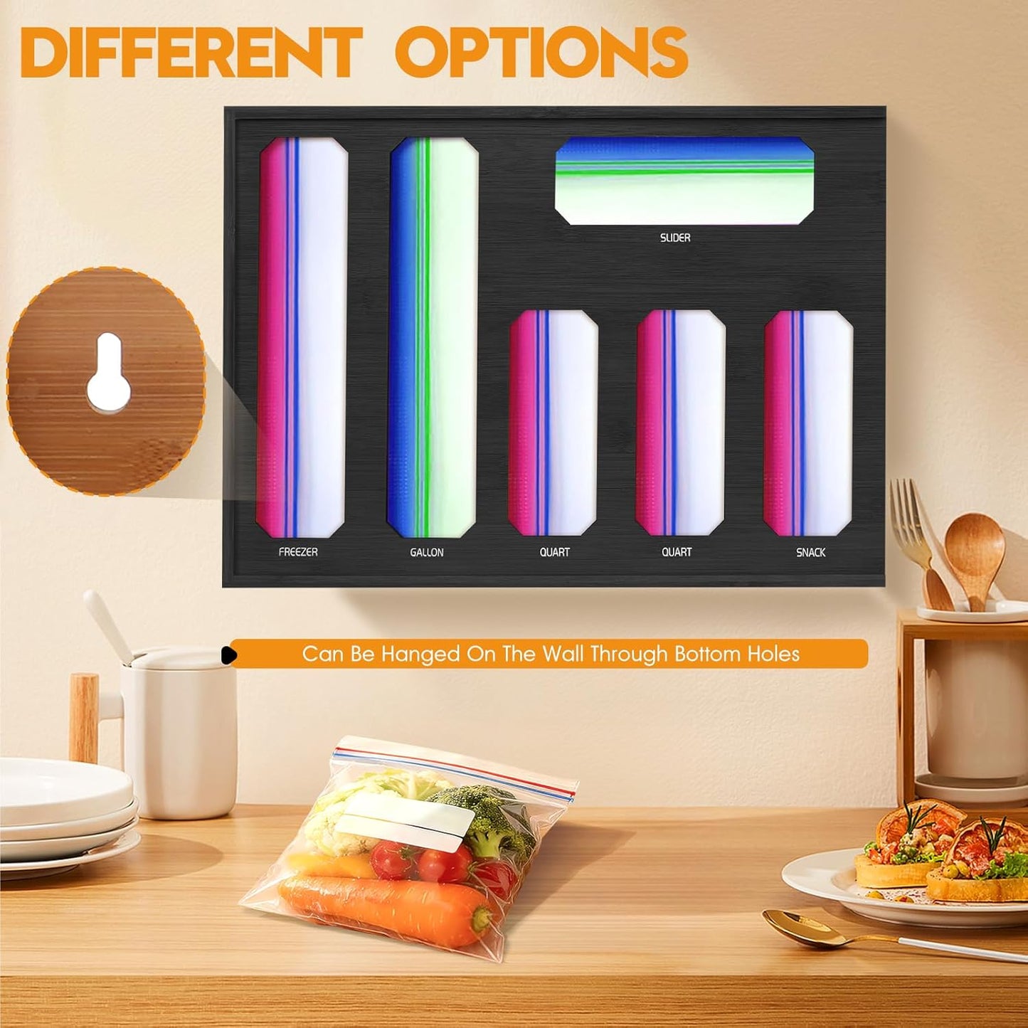 9 in 1 Foil and Plastic Wrap Dispenser with Cutter, Black Bamboo Ziplock Bag Organizer for Drawer - Holds Gallon, Quart Bags & Aluminum Foil/Wax Paper, Wall Mountable Kitchen Storage