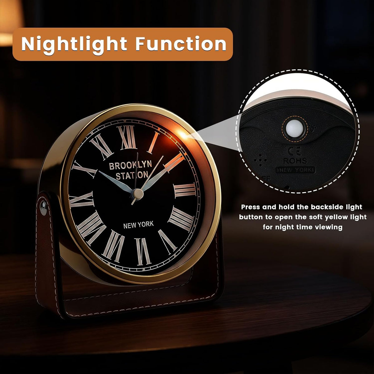 Analog Alarm Clock - 4.5" Silent Non Ticking Small Clock with Light, Rotatable Stand Metal Desk Clock Battery Operated, Simple Design for Living Room Decor/ Bedroom/Bedside/Shelf (Black & White)