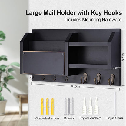 Lwenki Mail and Key Holder – Wall Mount Key Hanger with Shelf and 7 Metal Hooks – Decorative Natural Paulownia Wood Entryway Organizer with Mounting Hardware (16.5”W x 8.7”H x 3.5”D) (Brown)