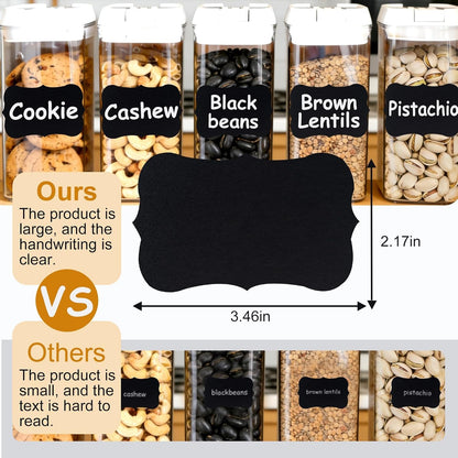200PCS Chalkboard Labels, 13 Shapes & 3 Sizes, Reusable Blackboard Stickers | Includes 1 Liquid Chalk Marker, for Pantry Jars, Food Containers, Spice Racks & Organization