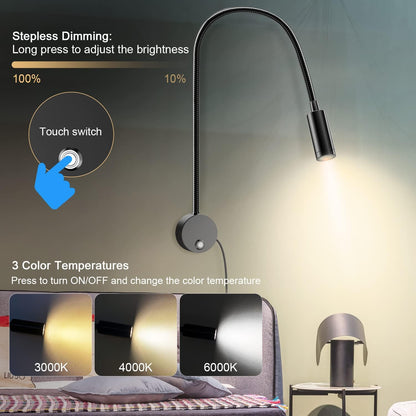 Wall Mounted LED Reading Light with 15" Flexible Gooseneck, Dimmable Book Light for Reading In Bed with USB Charging Port, Plug In Headboard Night Lights, 3 Colors Temperature, Touch Control-2 Pack