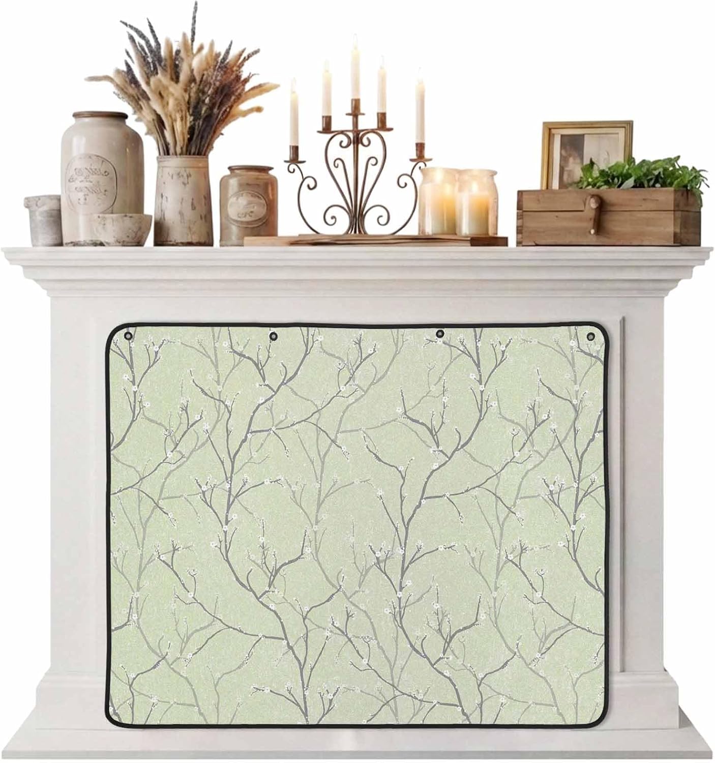 Magnetic Fireplace Cover White Vines Fireplace Screen Decorative Flowers Leaves Tree Branches Insulation Fireplace Blocker Blanket Save Energy Fireplace Draft Stopper Covers for Living Room 39x32 Inch