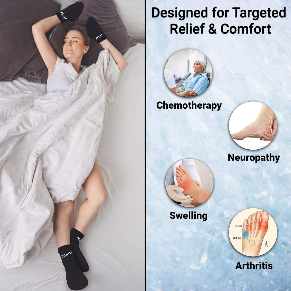 Relief Genius Cold Therapy Socks with Reusable Gel ice Packs - Achieve Relief from Sprains, Muscle Pain, Bruises, Swelling, Edema, Chemotherapy, Arthritis, Post Partum Foot (Black, Large)