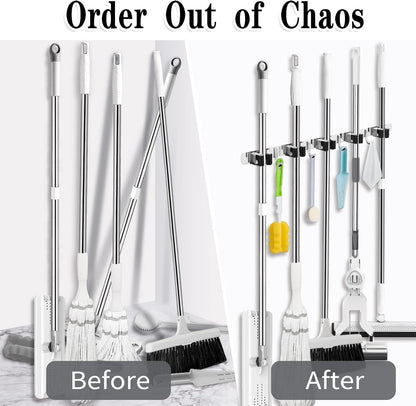 AceMining Broom Holder Wall Mount, 5 Racks 4 Hooks Heavy Duty Mop Organizer | Mop Holder Wall Mount and Broom Hanger for Garage, Laundry Room, Kitchen and Utility Storage