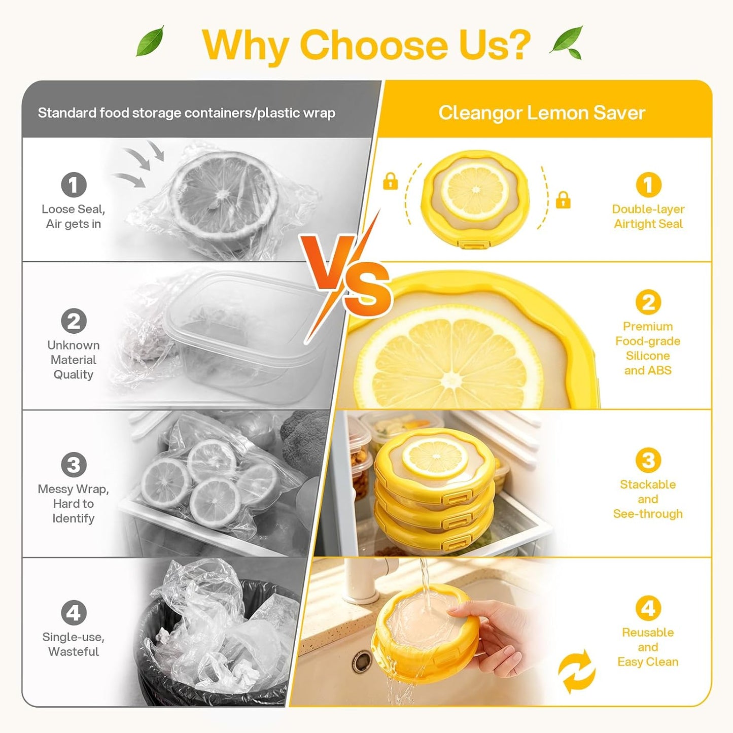 CLEANGOR Avocado Saver and Onion Saver, 4Pcs Fruit and Vegetable Savers | Silicone Food Saver with Snap-On Lid, Ideal for Avocados, Onions, Lemons, Orange and Tomatoes, Reusable, Dishwasher Safe