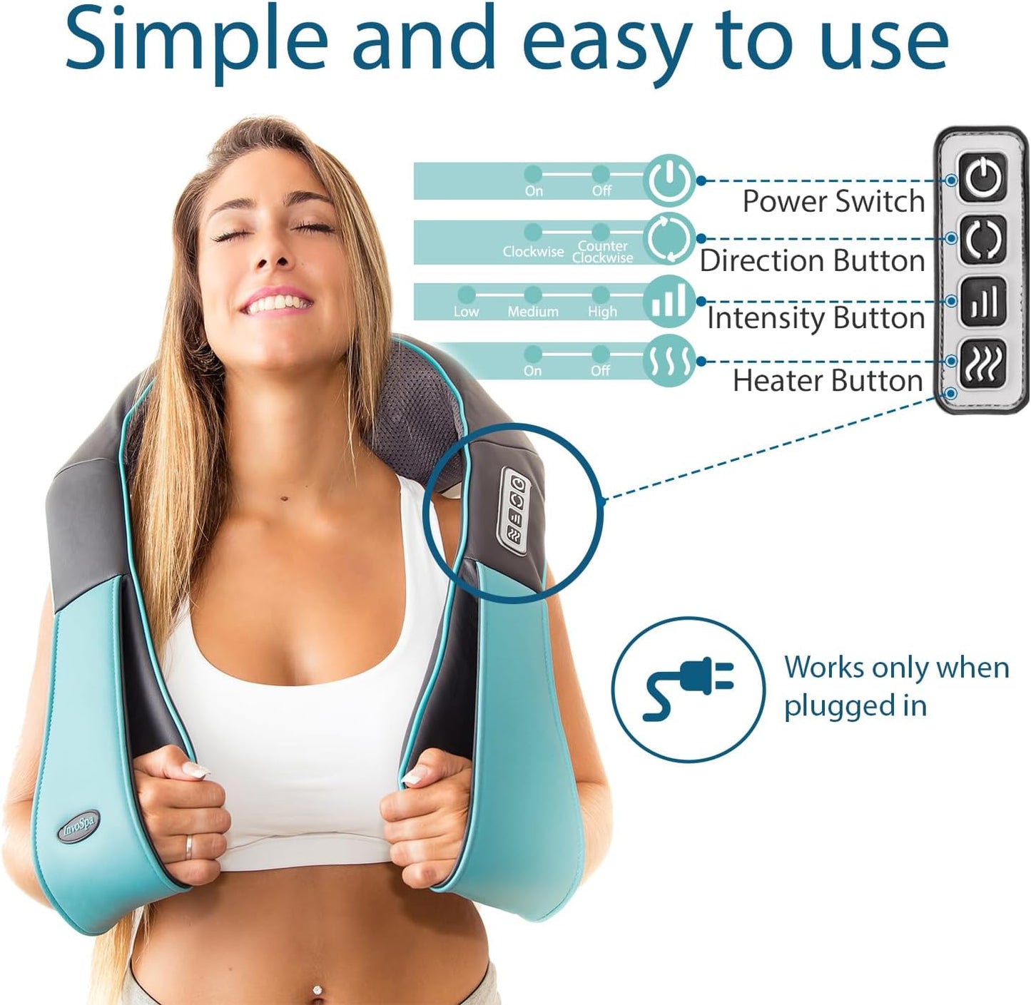 InvoSpa Shiatsu Massager with Heat - Deep Tissue Kneading Pillow for Neck, Shoulders, and Back - Electric Full Body Massage